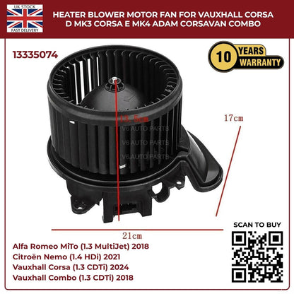 Image of heater blower motor fan for Vauxhall Corsa with product details and warranty information.