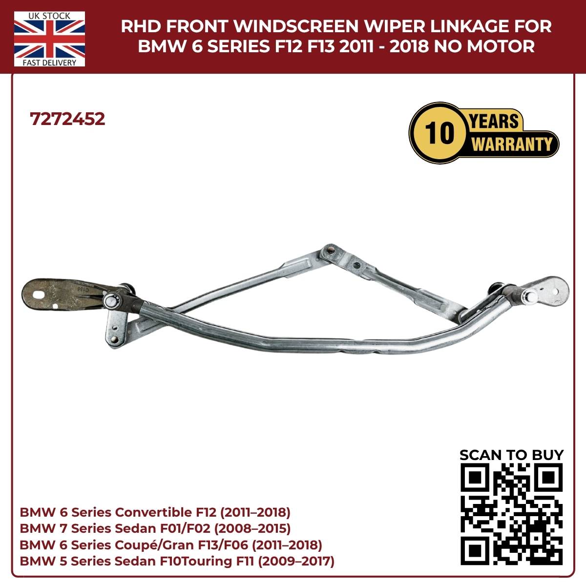 BMW RHD Front Wiper Linkage Assembly – Fits 2009‑2017 5 Series F10/F11 & 6 Series – Part No. 7272452