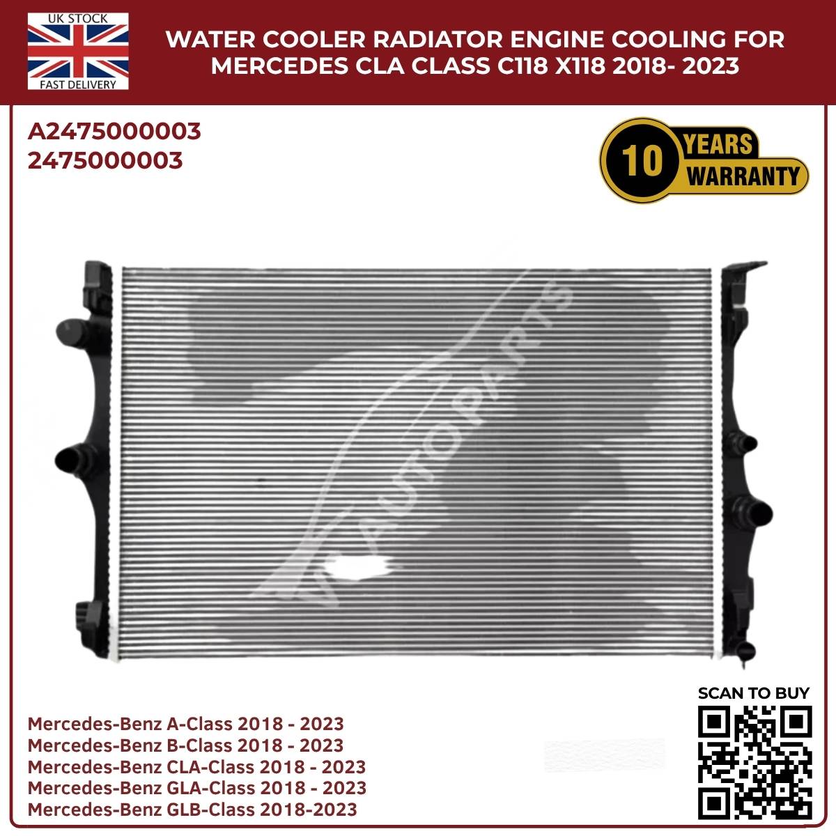Mercedes CLA-Class Radiator (C118/X118) 2018–2023 | Engine Cooling Water Cooler 22mm