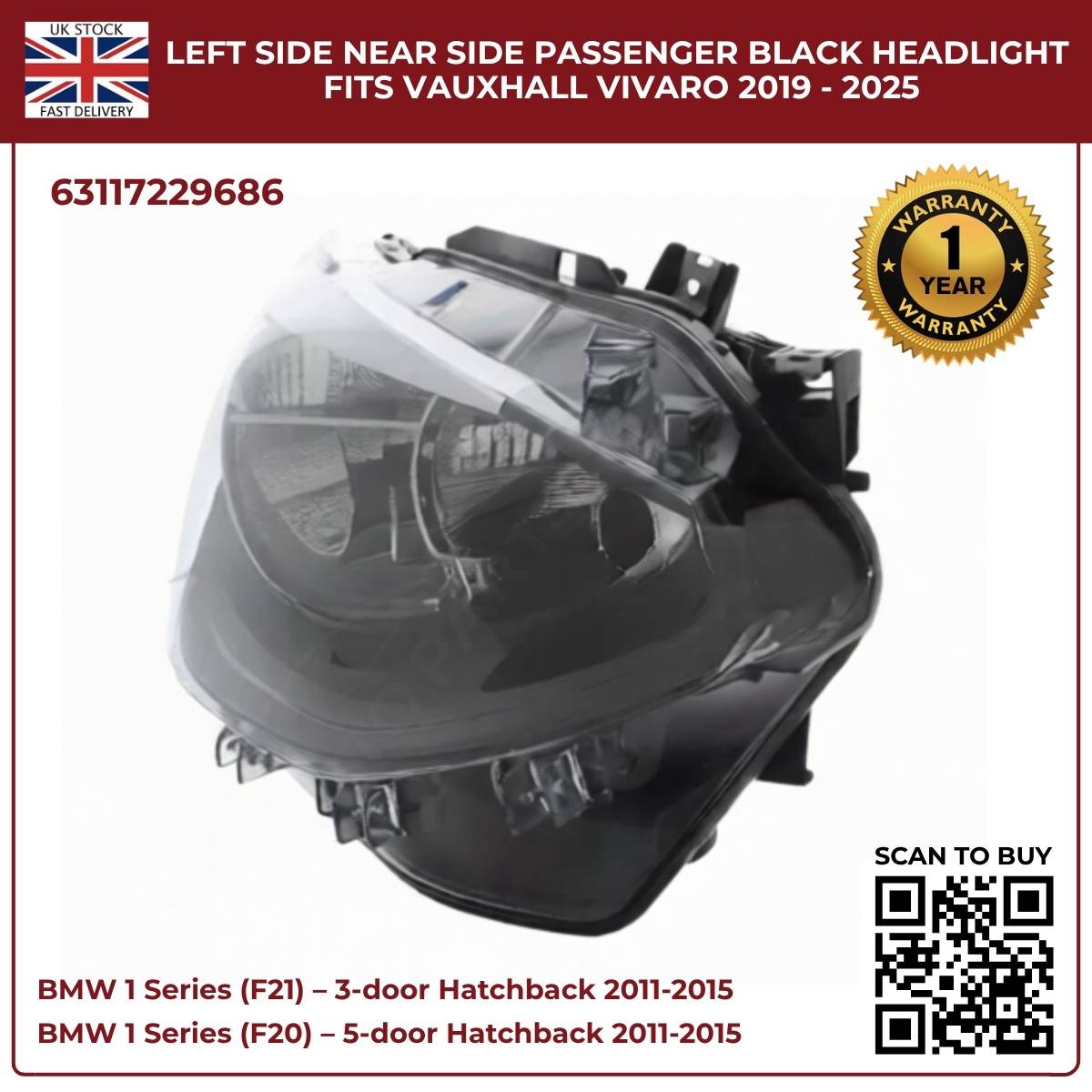 For BMW 1 Series F20/F21 Halogen Headlight – Right Side | 2011‑2015 RHD | Black Inner Housing | 63117229686