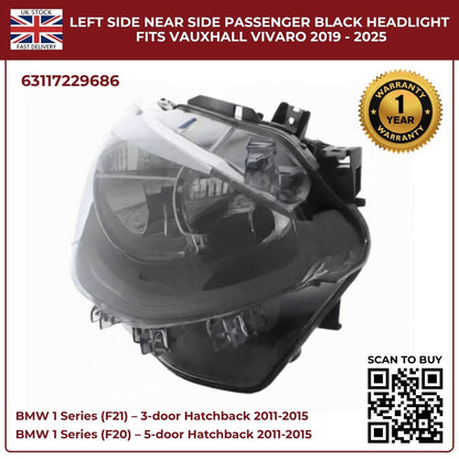 For BMW 1 Series F20/F21 Halogen Headlight – Right Side | 2011‑2015 RHD | Black Inner Housing | 63117229686