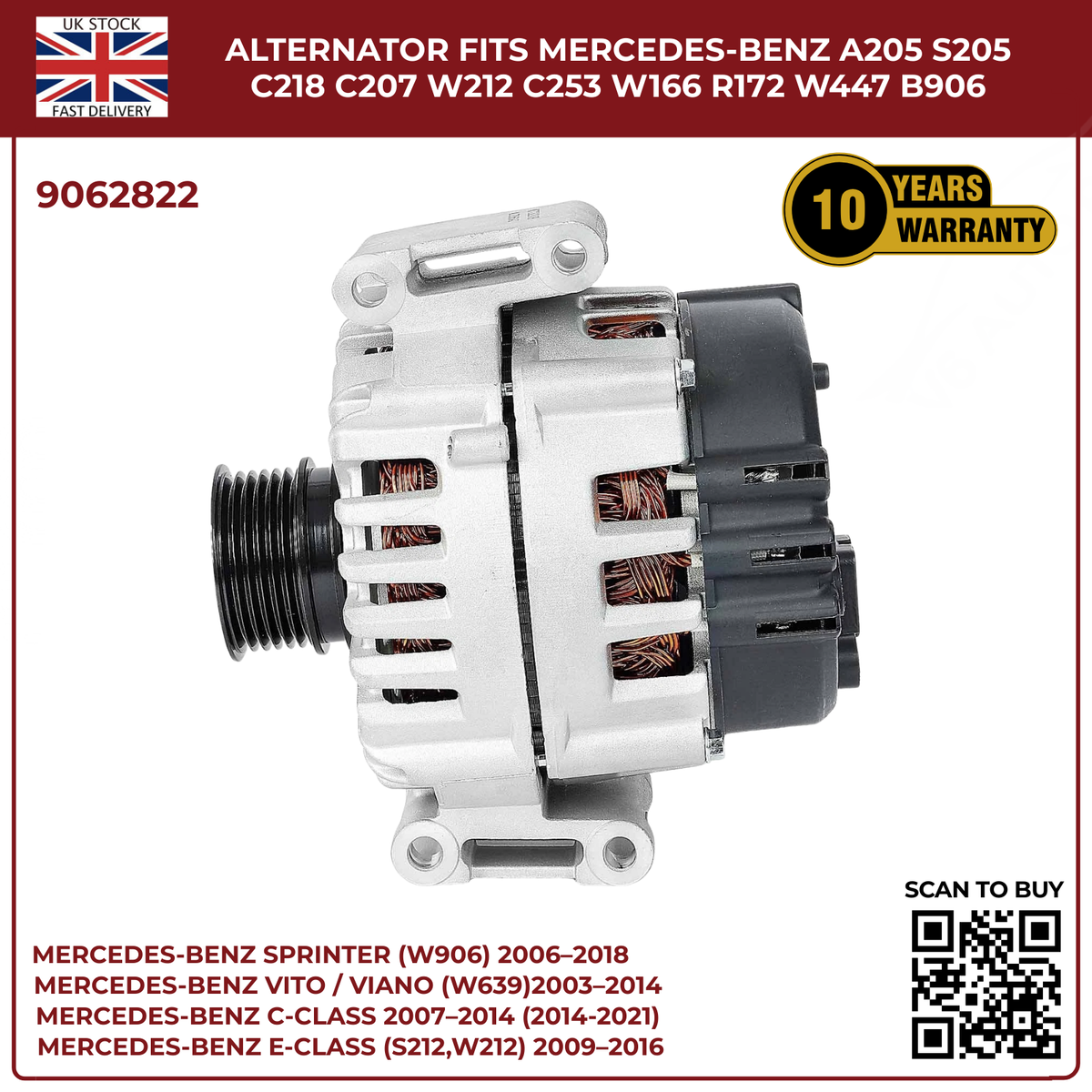 Mercedes-Benz Alternator 14V 200A – Fits A205 S205 C218 C207 W212 C253 W166 X204 W447 B906 (OEM 9062822)