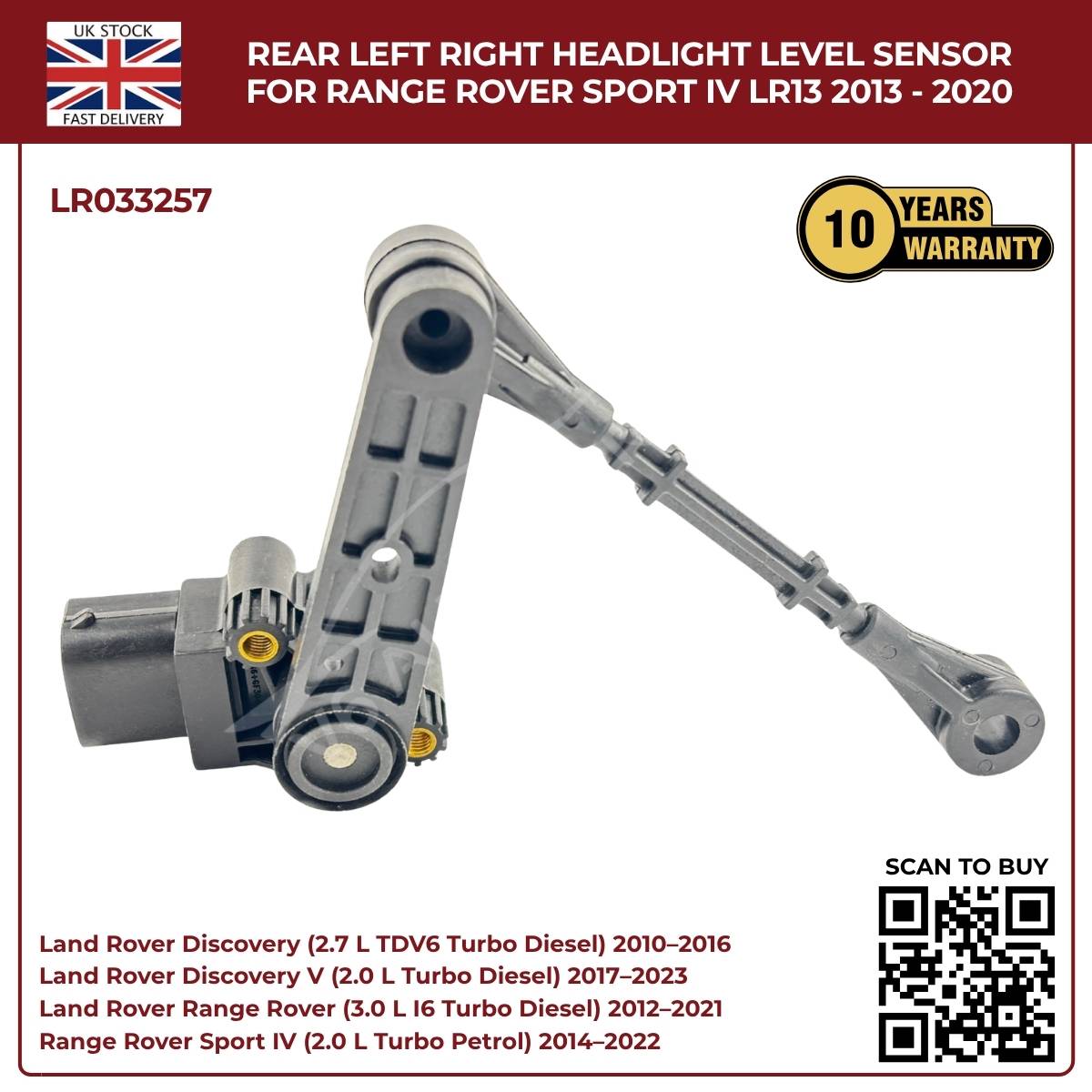 Headlight level sensor for Range Rover Sport IV with product details and warranty information on a white background.