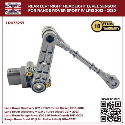 Headlight level sensor for Range Rover Sport IV with product details and warranty information on a white background.