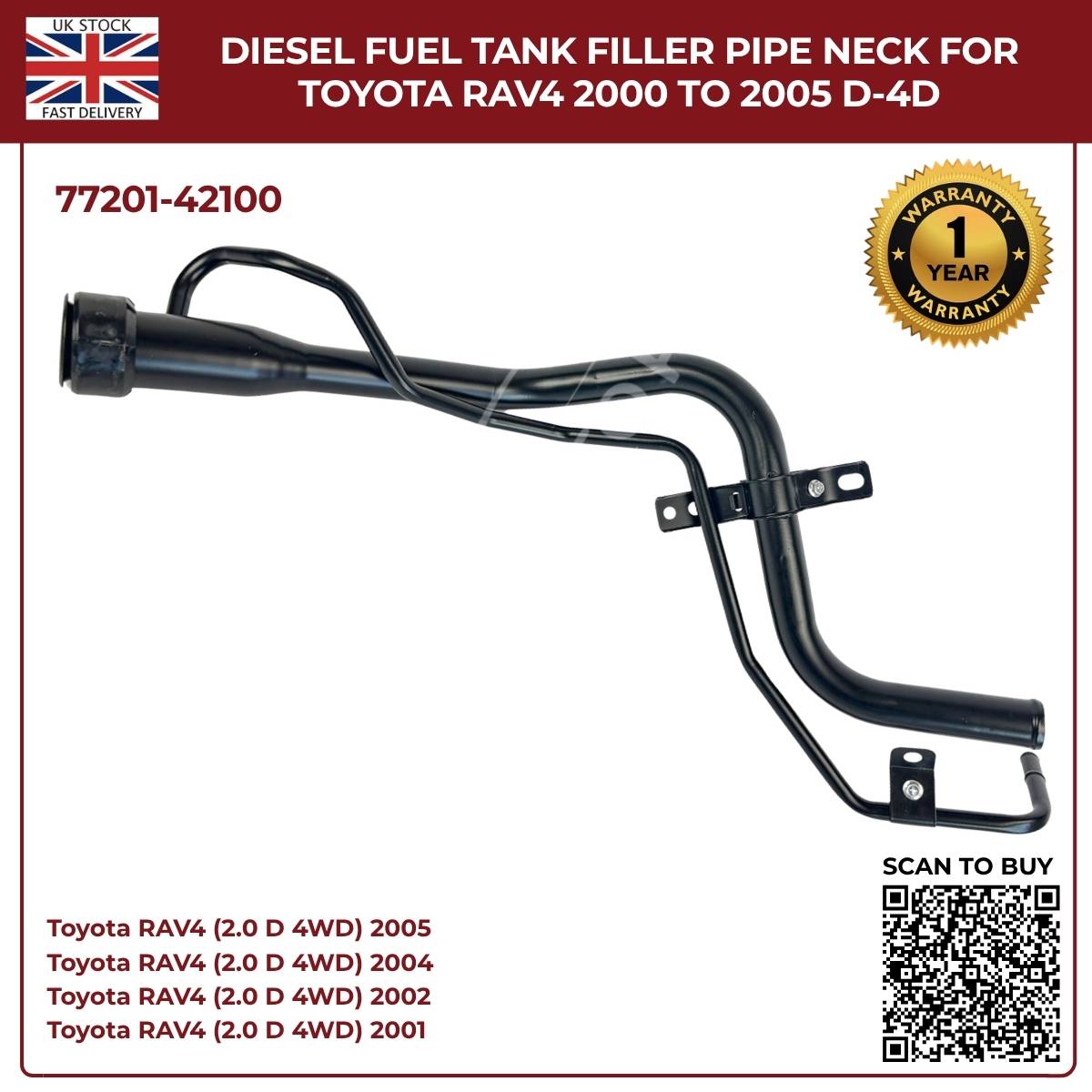 Fuel Tank Filler Neck Pipe  For Toyota RAV4 Mk2 Diesel 77201‑42100 (2000–2005, 2.0 D‑4D AWD)