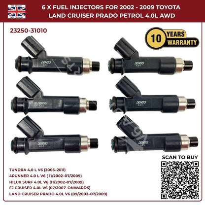 6x Fuel Injector Set 23250-31010 – Fits 2002–2009 Toyota Hilux Surf 4.0L V6 Petrol AWD/RWD