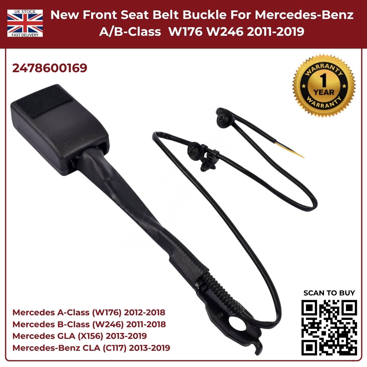 Front Seat Belt Buckle — Mercedes-Benz A-Class W176 / B-Class W246 — OE A24786095039051