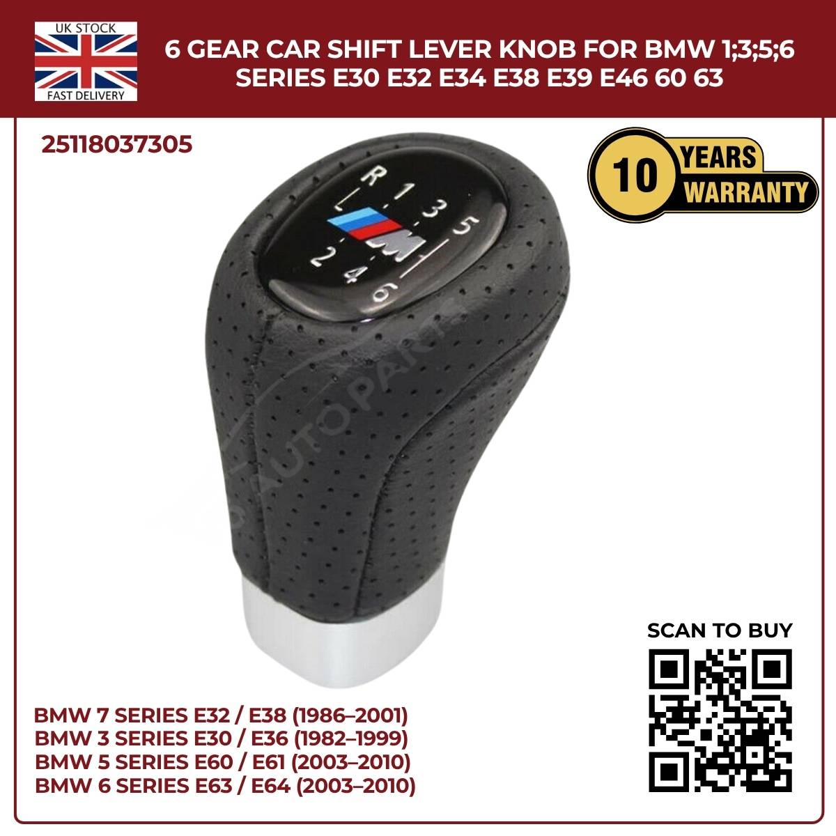 BMW 1 3 5 6 Series 6‑Speed Gear Shift Knob – Leather Top, ABS – Fits E30 E32 E34 E38 E39 E46 E53 E60 E63