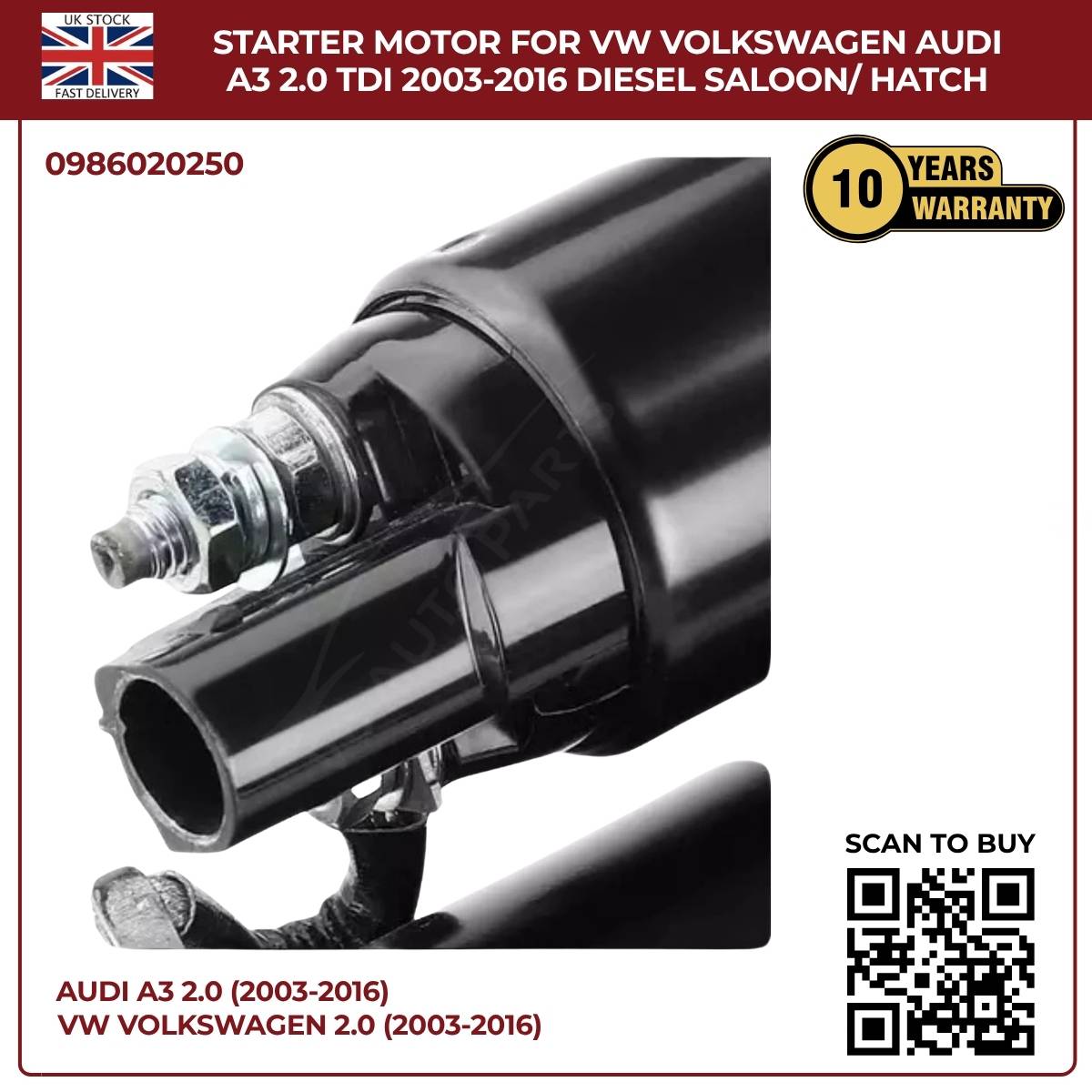 Starter Motor for VW & Audi A3 2.0 TDI (2003–2016) Diesel Saloon/Hatchback
