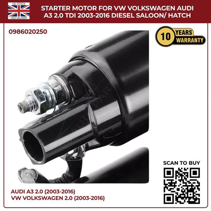 Starter Motor for VW & Audi A3 2.0 TDI (2003–2016) Diesel Saloon/Hatchback