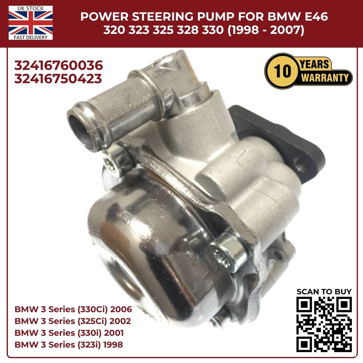 Image of BMW E46 LUK LF20 power steering pump 32416750423 / 32416760036 side view showing mounting points