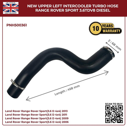 Range Rover Sport 3.6 TDV8 Intercooler Turbo Hose – Upper Left (PNH500361, Diesel OE Replacement)