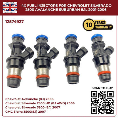 Set of 4 Fuel Injectors | Fits 2001–2006 Chevy Silverado 2500HD, Avalanche 2500, Suburban 2500 | 8.1L Vortec V8 OEM Replacement