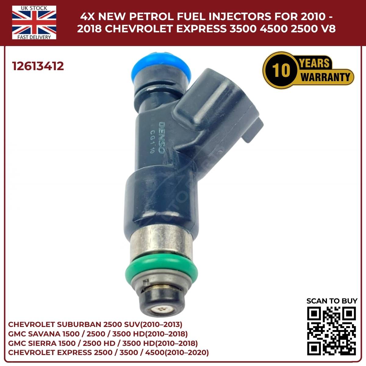 4× Fuel Injectors 12613412 – Fits 2010–2013 Chevrolet Suburban 2500 HD 6.0L V8 Petrol