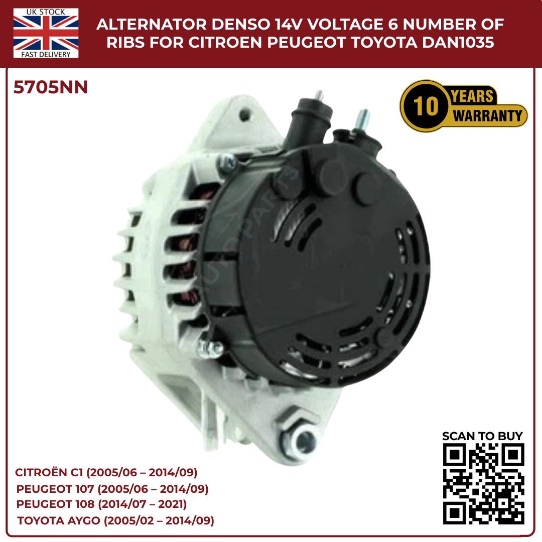 Alternator 14V 70A – 6 Rib Pulley – Citroën C1, Peugeot 107/108, Toyota Aygo – DAN1035