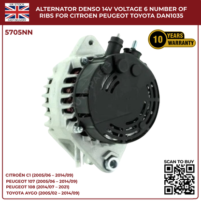 Alternator 14V 70A – 6 Rib Pulley – Citroën C1, Peugeot 107/108, Toyota Aygo – DAN1035