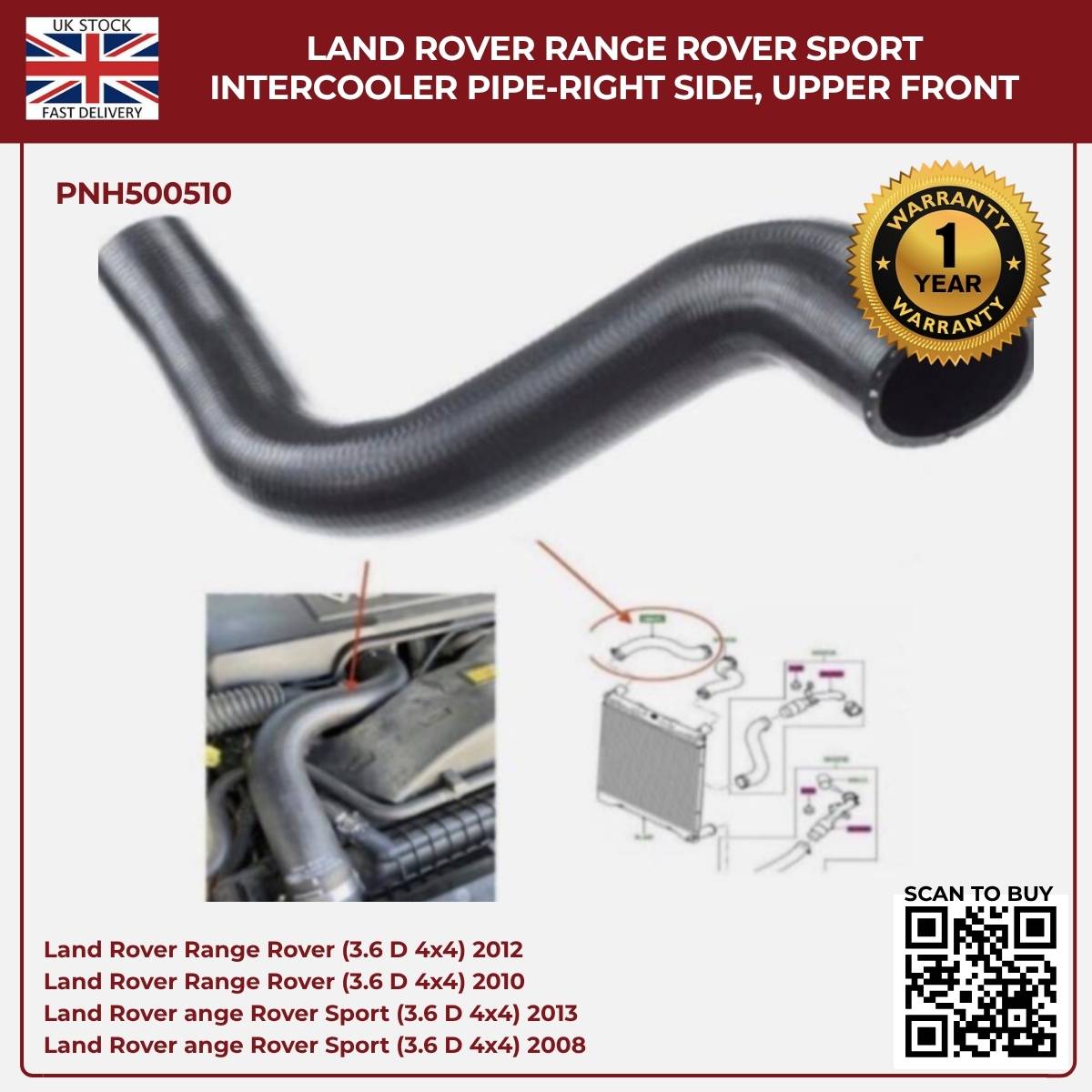 Image of PNH500510 intercooler pipe for Land Rover 3.6 TDV8 diesel 2006–2013