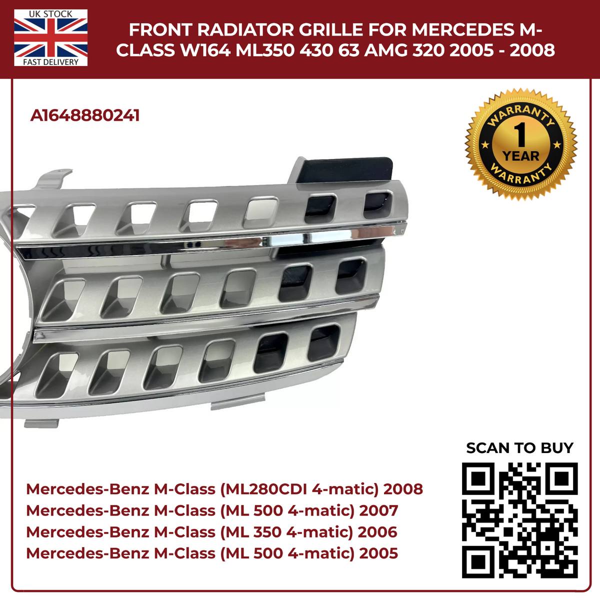 Front Radiator 7-Hole Chrome Grille – Mercedes-Benz M-Class W164 (2005–2008)