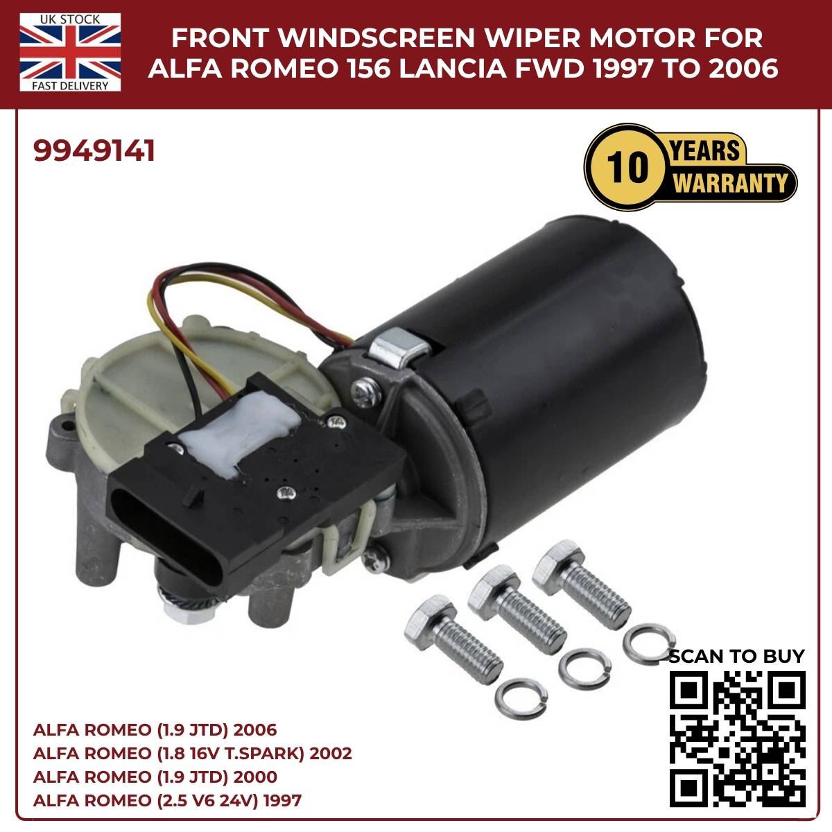 image of Front Windscreen Wiper Motor for Alfa Romeo 156 and Lancia Lybra 9949141