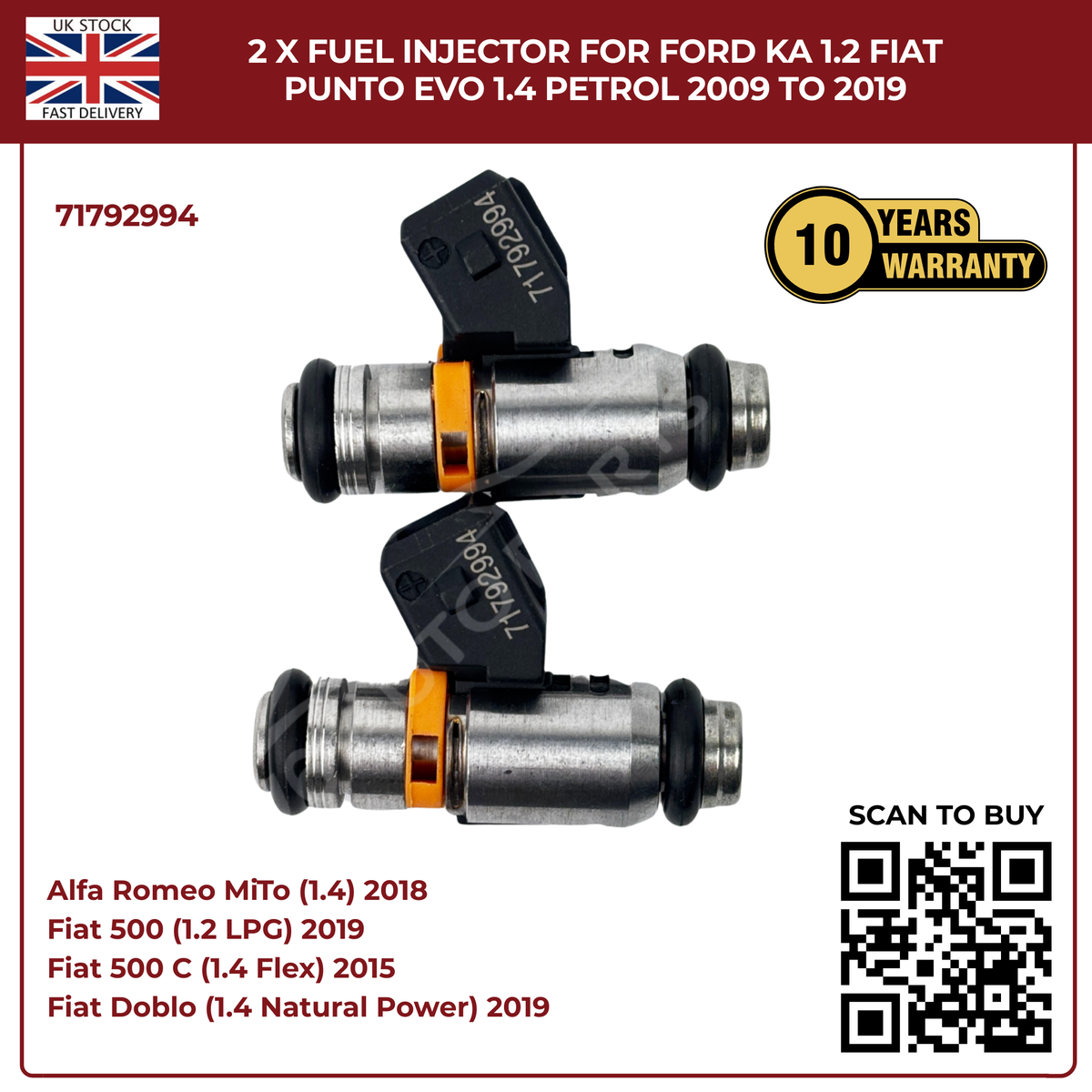 2× Fuel Injectors 71792994 – Fits 2009–2019 Ford Ka 1.2 & Fiat Punto Evo 1.4 Petrol