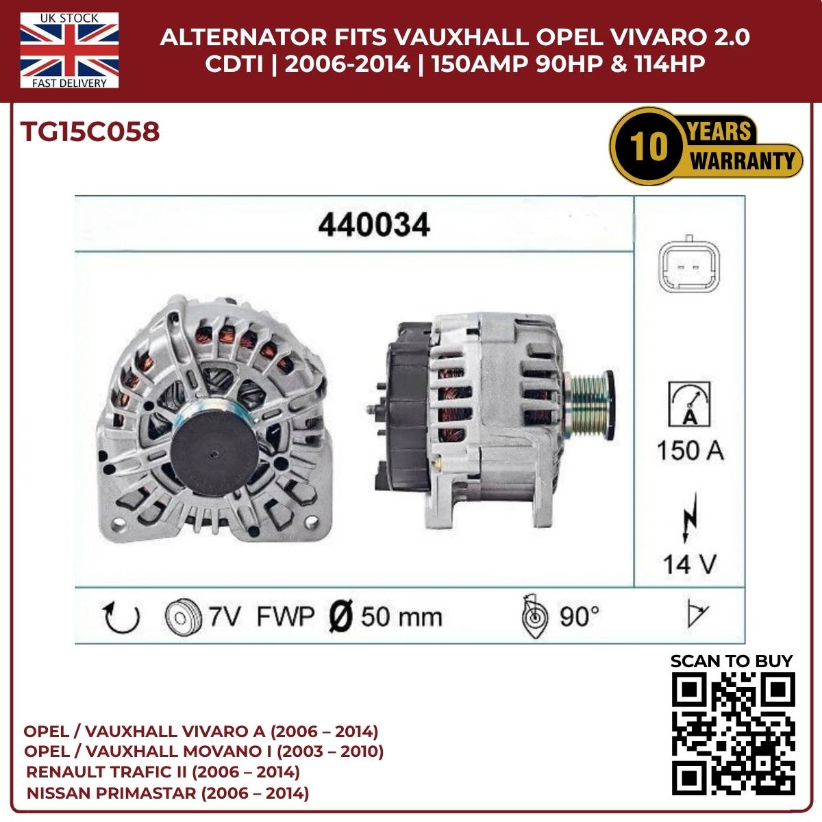 TG15C058 Alternator – 12V 150A | Fits 2006‑2014 Opel/Vauxhall Vivaro A 2.0 CDTi Diesel