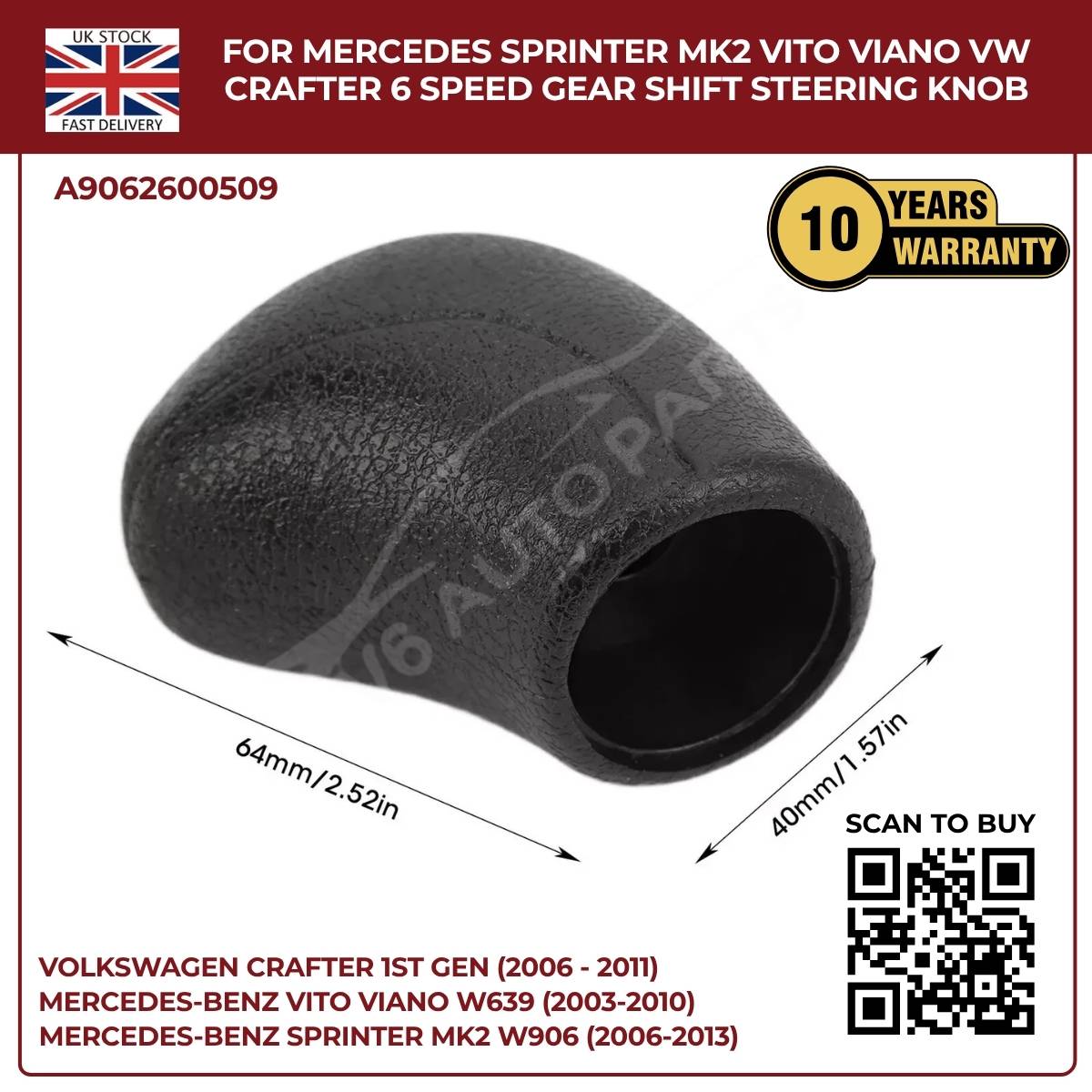Black Leather 6‑Speed Gear Shift Knob – Fits Mercedes Sprinter MK2 W906 (2006‑2013, 3.5T / 4.5T)