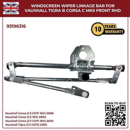 Front Windscreen Wiper Linkage Mechanism Arm for Vauxhall Corsa C Mk2 2000–2006 (Front Wiper Linkage 93196316)