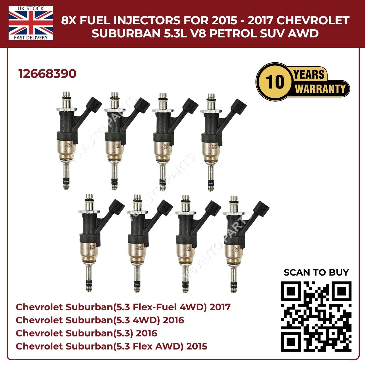 Set of 8 Fuel Injectors For Chevrolet Suburban 2015–2017 5.3L V8 (VIN C) – Direct Fit OEM Replacement #4555
