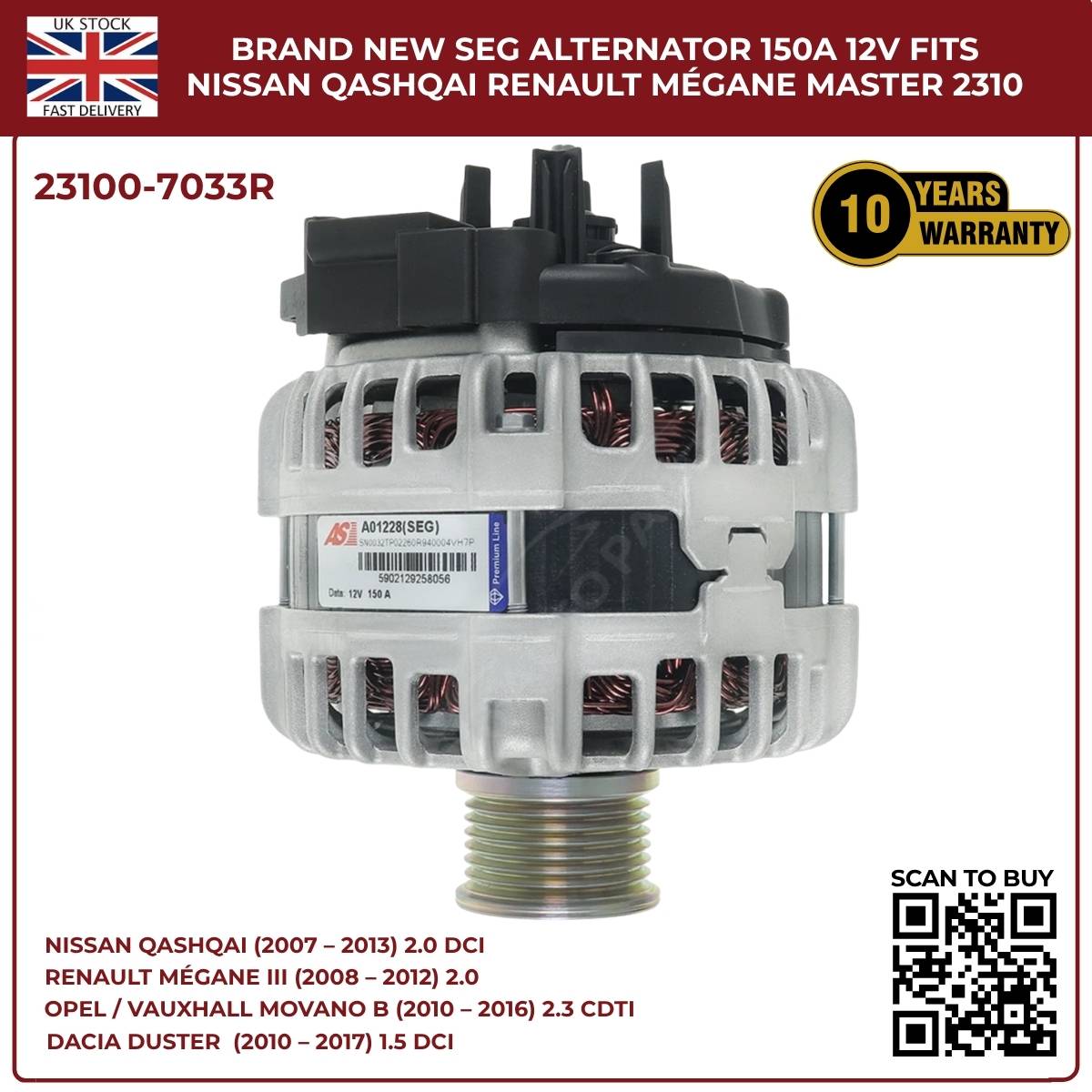 Alternator 23100‑7033R 12V 150A – Renault Master MK3, Vauxhall Movano B MK2, Nissan NV400