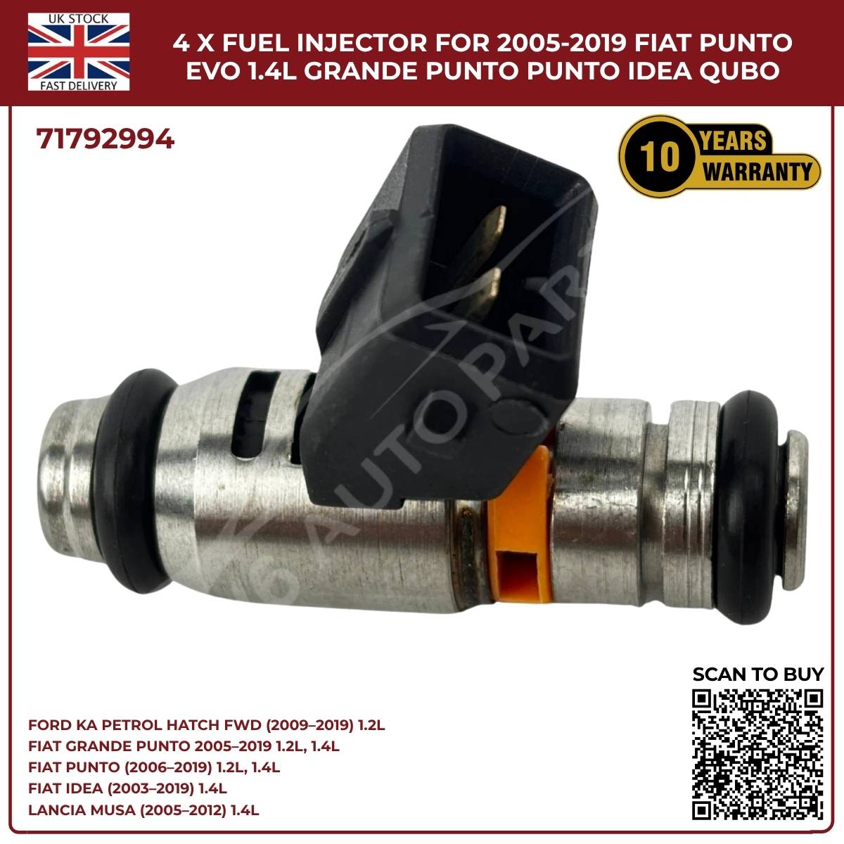 4x Fuel Injectors – Fits Ford Ka 1.2 (2009‑2019) & Fiat Punto Evo 1.4 Petrol – OEM 71792994
