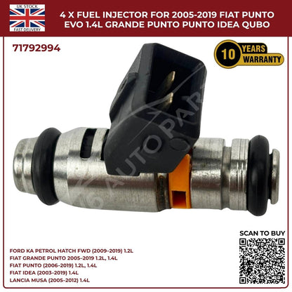 4x Fuel Injectors – Fits Ford Ka 1.2 (2009‑2019) & Fiat Punto Evo 1.4 Petrol – OEM 71792994