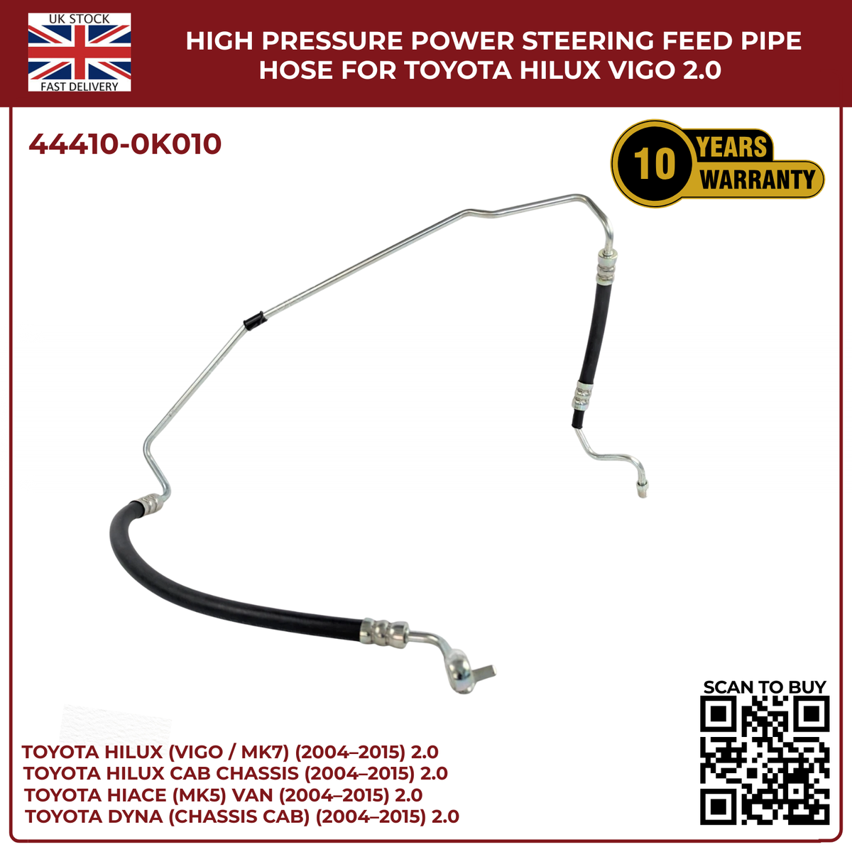Image of replacement high pressure power steering hose OEM 44410-0K010 for Toyota Hilux MK7