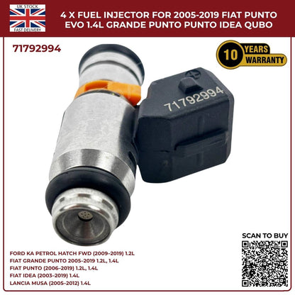 4x Fuel Injectors – Fits Ford Ka 1.2 (2009‑2019) & Fiat Punto Evo 1.4 Petrol – OEM 71792994