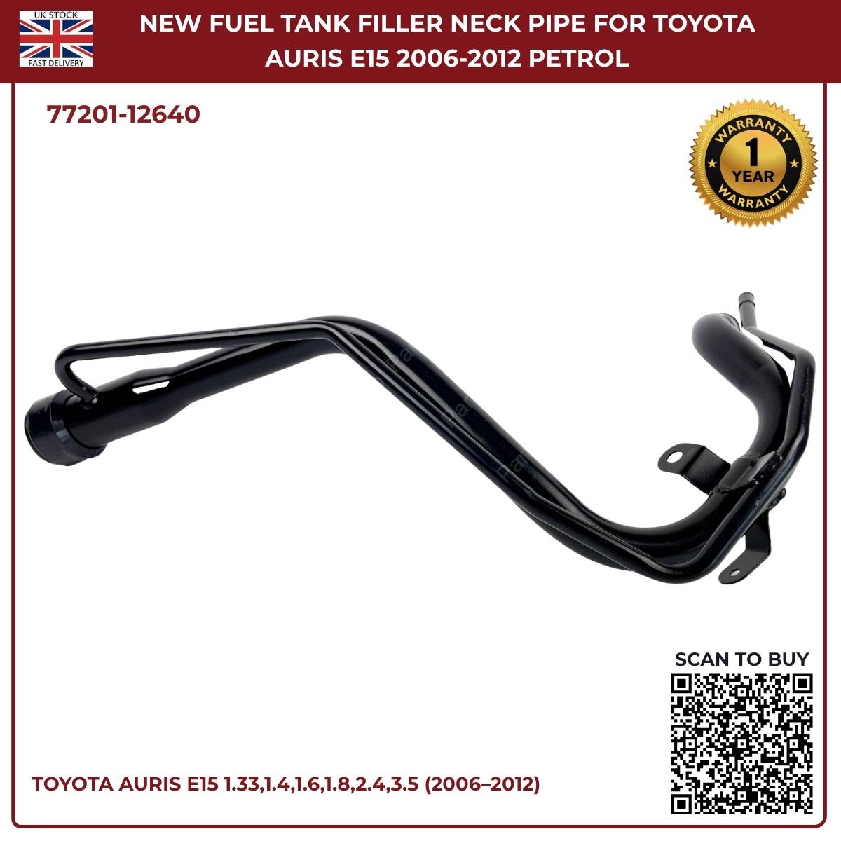 Fuel tank filler neck pipe for Toyota Auris with product details and warranty information.