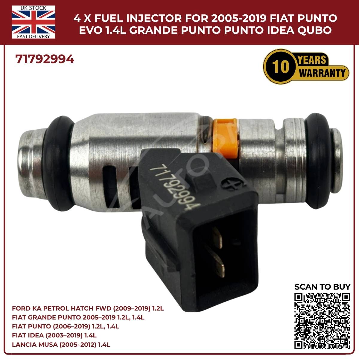4x Fuel Injectors – Fits Ford Ka 1.2 (2009‑2019) & Fiat Punto Evo 1.4 Petrol – OEM 71792994