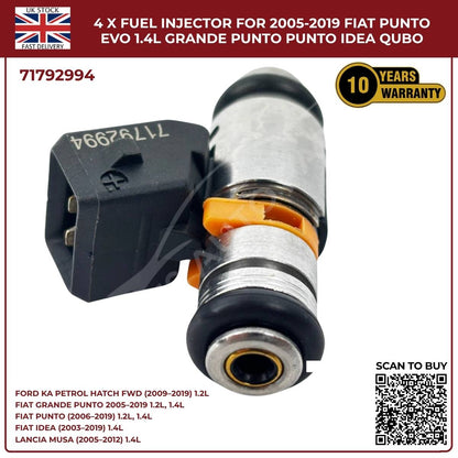 4x Fuel Injectors – Fits Ford Ka 1.2 (2009‑2019) & Fiat Punto Evo 1.4 Petrol – OEM 71792994