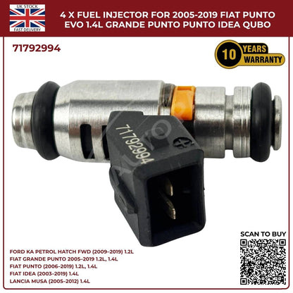 4x Fuel Injectors – Fits Ford Ka 1.2 (2009‑2019) & Fiat Punto Evo 1.4 Petrol – OEM 71792994