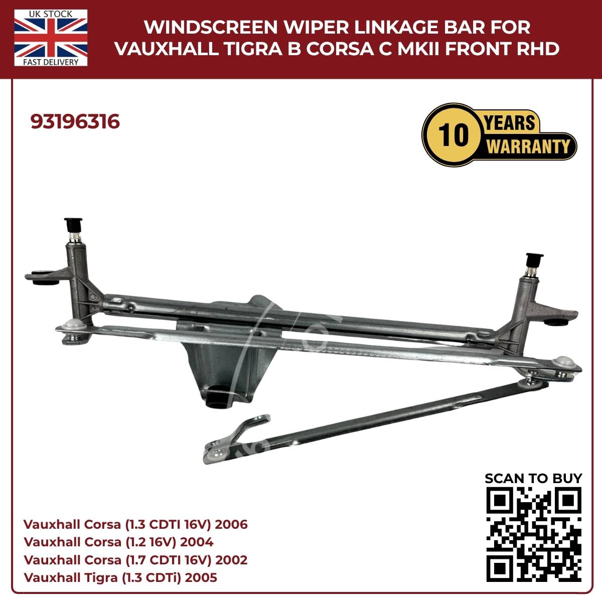 Front Windscreen Wiper Linkage Mechanism Arm for Vauxhall Corsa C Mk2 2000–2006 (Front Wiper Linkage 93196316)