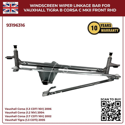 Front Windscreen Wiper Linkage Mechanism Arm for Vauxhall Corsa C Mk2 2000–2006 (Front Wiper Linkage 93196316)