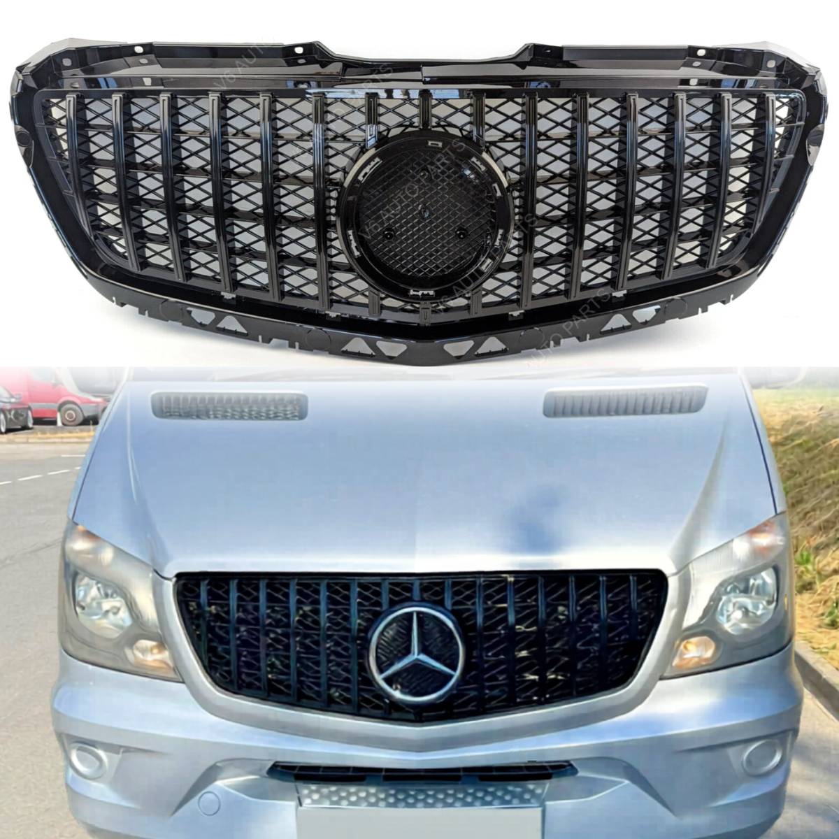 GT Panamericana Style Front Bumper Grille for Mercedes-Benz Sprinter 313 W906 (2013–2018 Facelift) – Gloss Black Radiator Grille Replacement