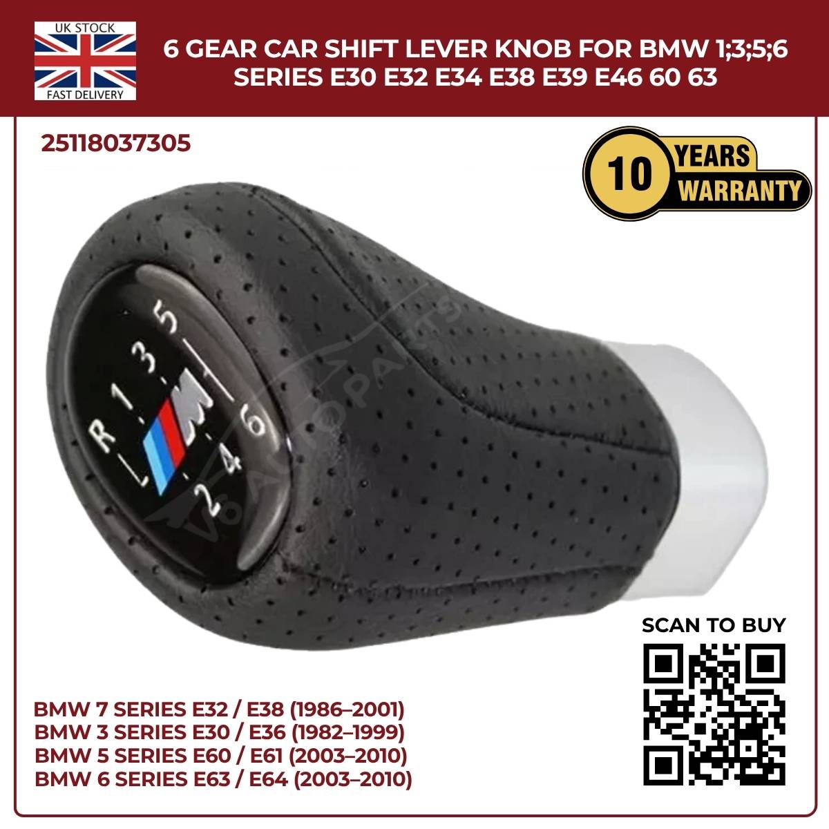 BMW 1 3 5 6 Series 6‑Speed Gear Shift Knob – Leather Top, ABS – Fits E30 E32 E34 E38 E39 E46 E53 E60 E63