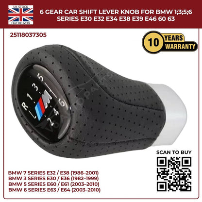 BMW 1 3 5 6 Series 6‑Speed Gear Shift Knob – Leather Top, ABS – Fits E30 E32 E34 E38 E39 E46 E53 E60 E63