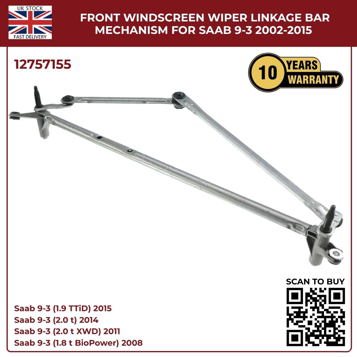 image of Replacement Front Windscreen Wiper Linkage Bar for Saab 9-3 2002–2015 12757155