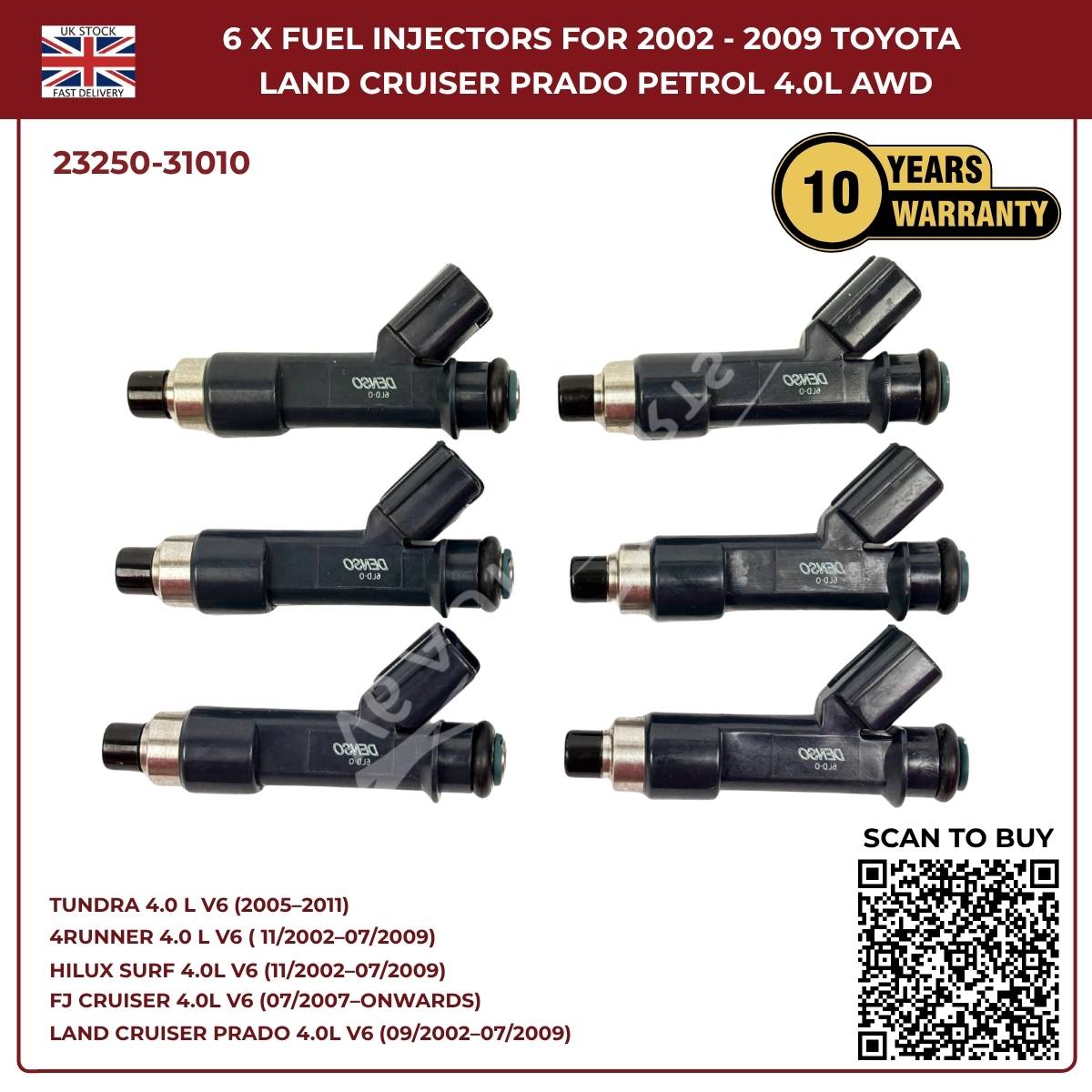 6x Fuel Injector Set 23250-31010 – Fits 2002–2009 Toyota Hilux Surf 4.0L V6 Petrol AWD/RWD