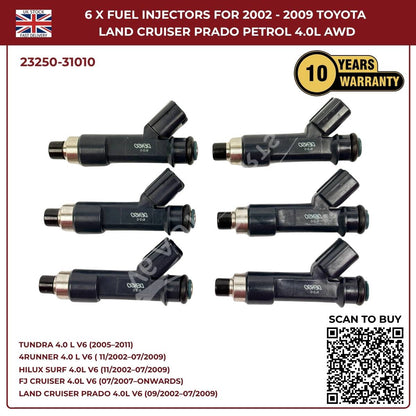 6x Fuel Injector Set 23250-31010 – Fits 2002–2009 Toyota Hilux Surf 4.0L V6 Petrol AWD/RWD
