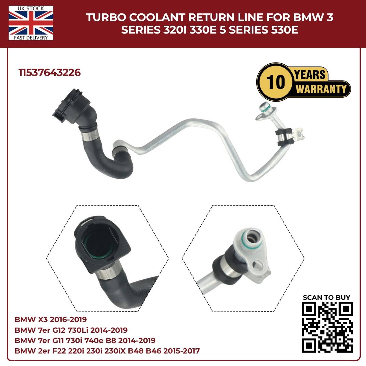 BMW Turbocharger Coolant Return Hose – Right Passenger Side | Fits B46/B48 Petrol Engines | OEM Ref 11537643226