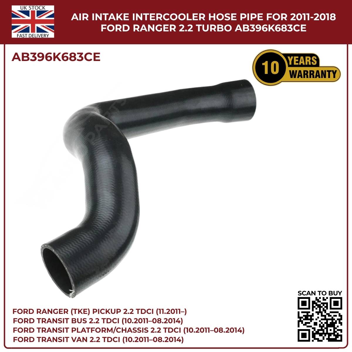 Black Intercooler Turbo Air Intake Hose Pipe – Fits Ford Ranger 2.2 TDCi (2011–2018) AB396K683CE
