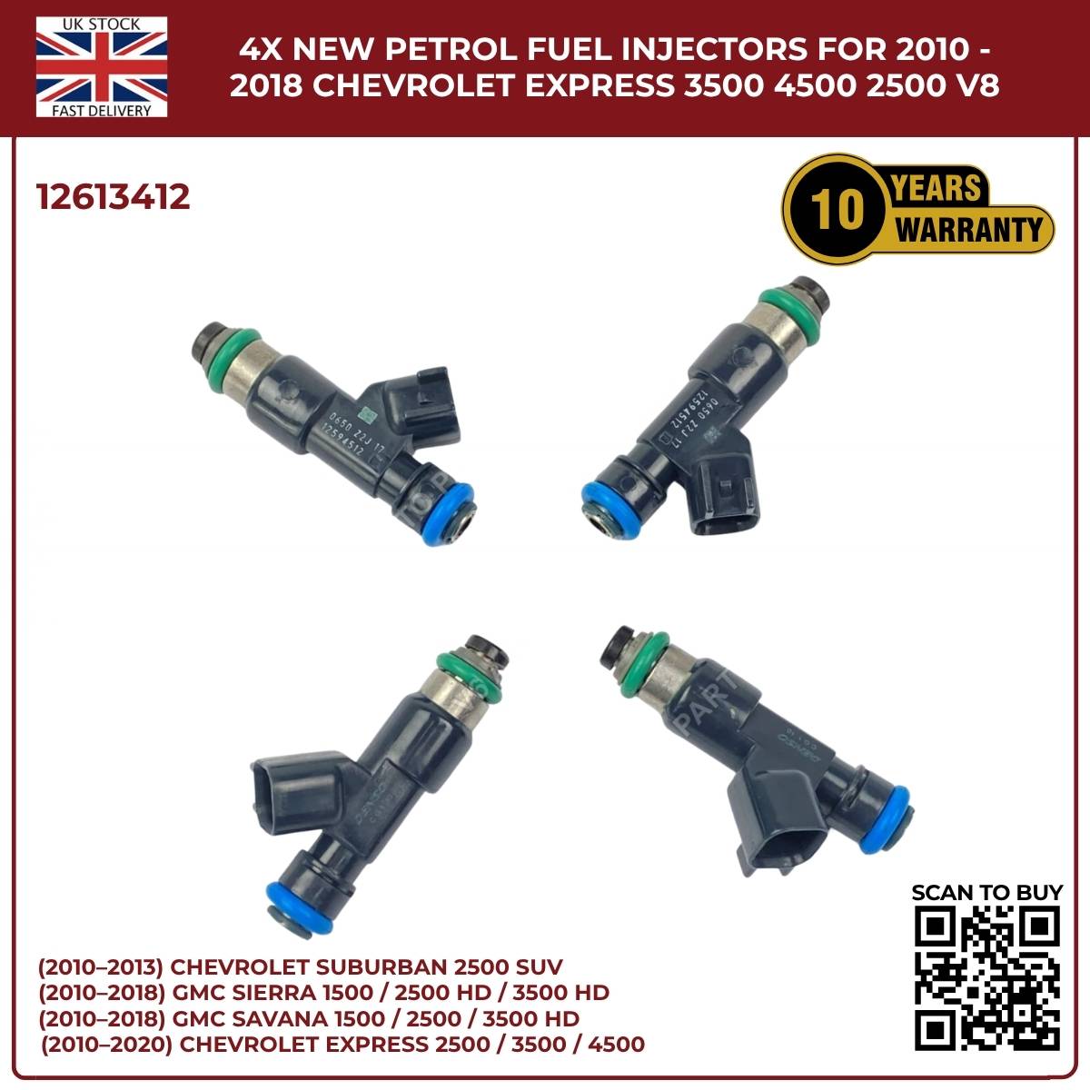 4× Fuel Injectors 12613412 – Fits 2010–2013 Chevrolet Suburban 2500 HD 6.0L V8 Petrol