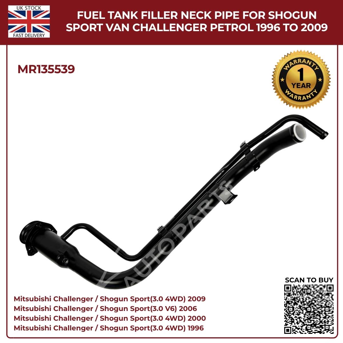 Fuel Tank Filler Neck Pipe MR135539 for Mitsubishi Shogun Sport & Challenger Petrol 1996–2009