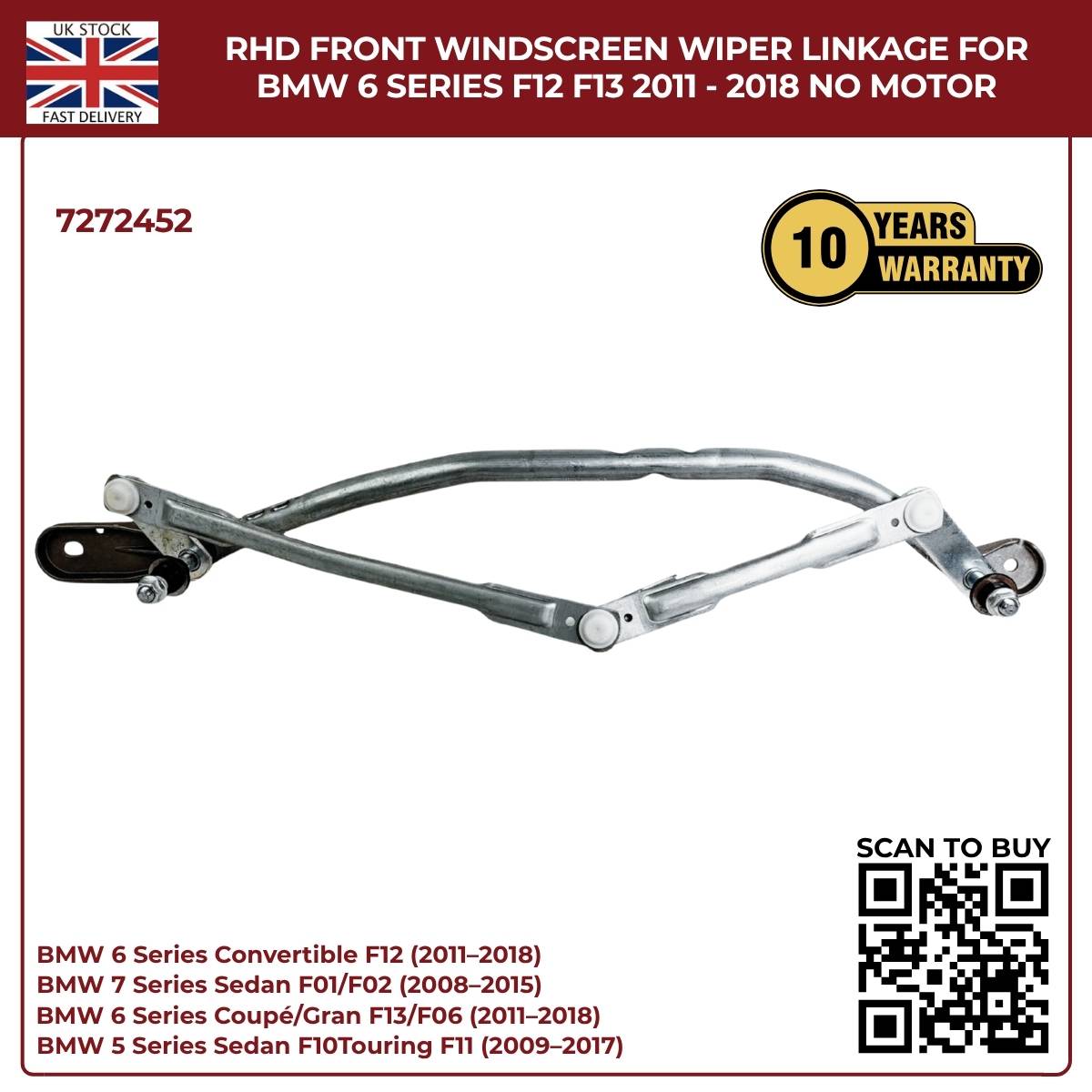 BMW RHD Front Wiper Linkage Assembly – Fits 2009‑2017 5 Series F10/F11 & 6 Series – Part No. 7272452